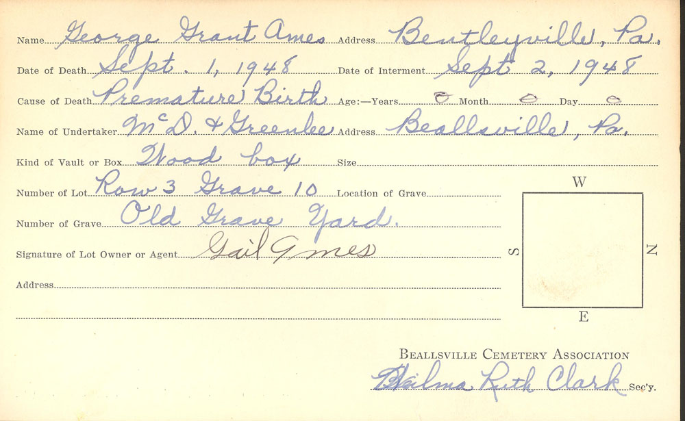 George Grant Ames burial card